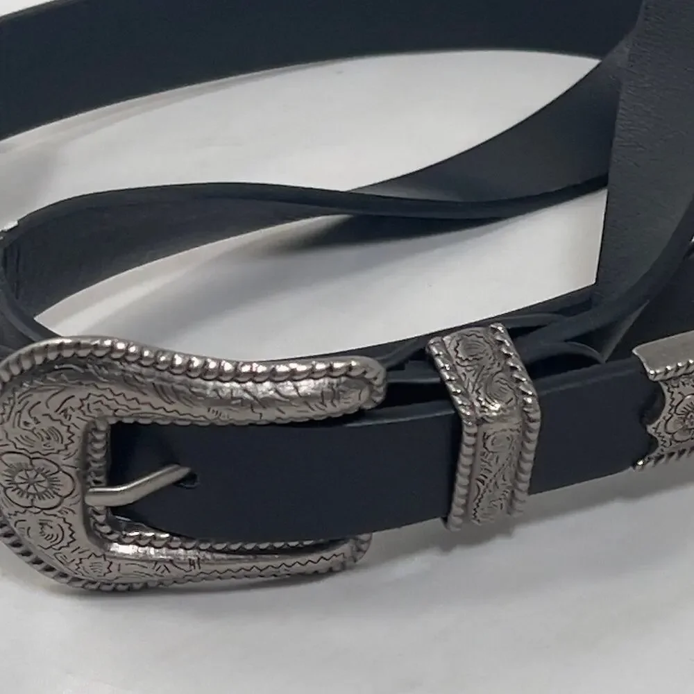 Black Western Style Faux Leather Double Buckle Belt Silver Hardware Unisex 34
